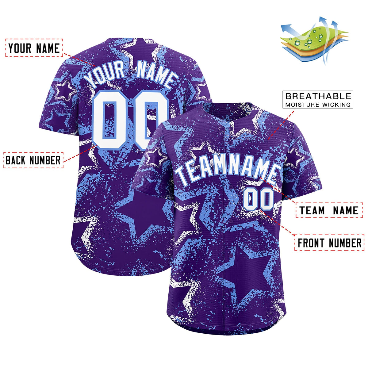 Custom Purple White Light Blue Star-Shaped Ink Texture Graffiti Pattern Baseball Jersey | Sublimation Printed &amp; Stitched,Add Name and Numbern,Perfect for Parties,Perfect for Training | KXKSHOP