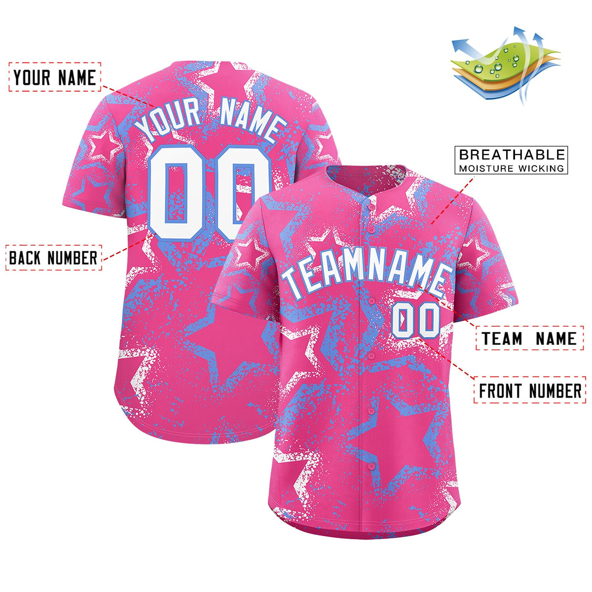 Custom Pink White Light Blue Star-Shaped Ink Texture Graffiti Pattern Baseball Jersey | Sublimation Printed &amp; Stitched,Add Name and Numbern,Perfect for Parties,Perfect for Training | KXKSHOP