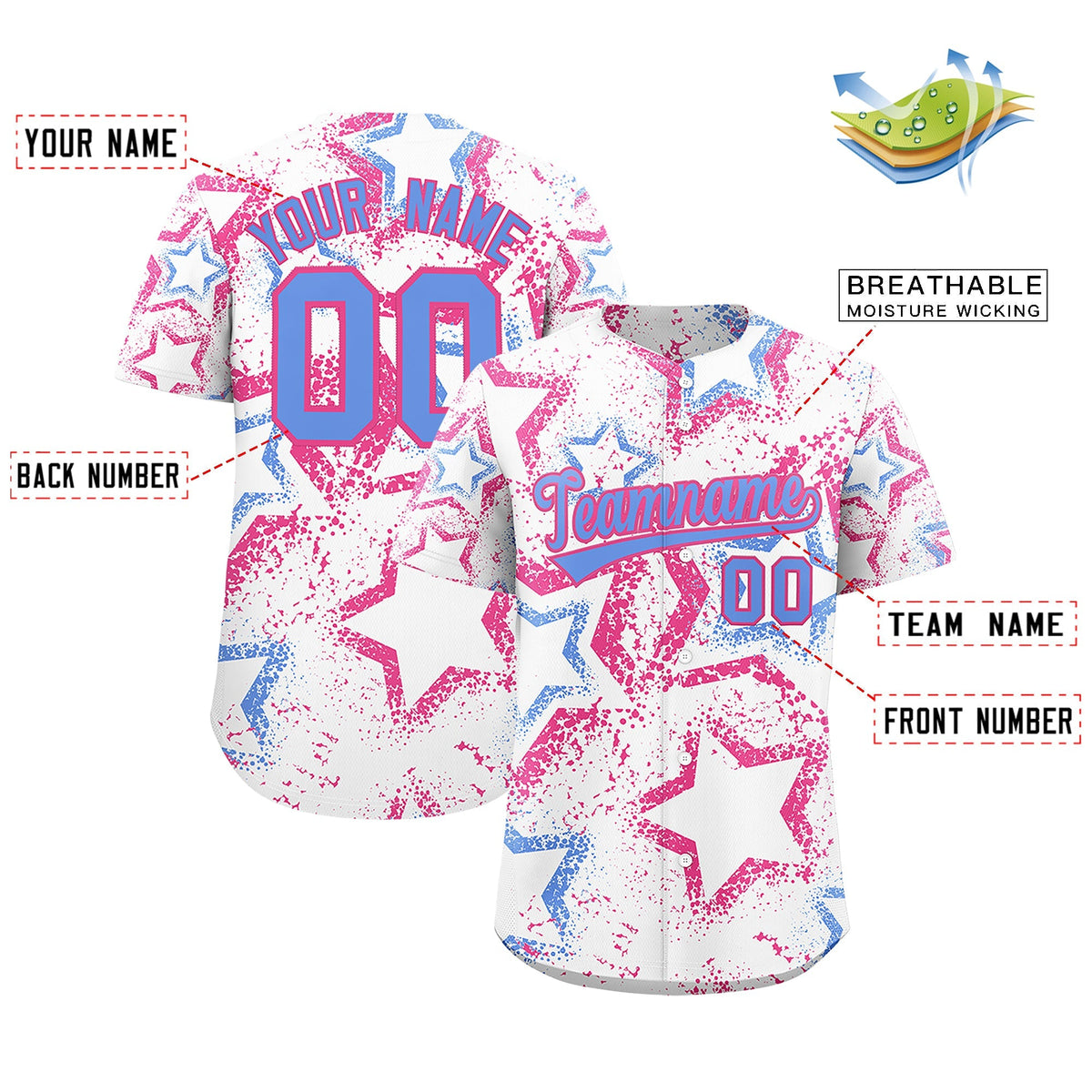 Custom White Pink Light Blue Star-Shaped Ink Texture Graffiti Pattern Baseball Jersey | Sublimation Printed &amp; Stitched,Add Name and Numbern,Perfect for Parties,Perfect for Training | KXKSHOP