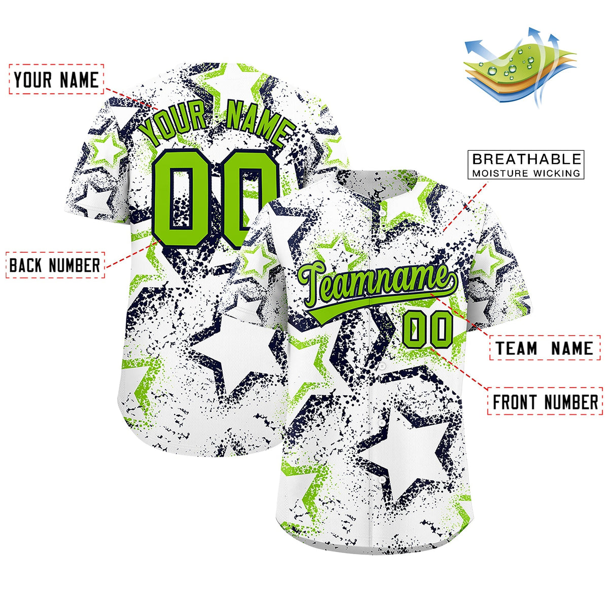 Custom White Neon Green Navy Star-Shaped Ink Texture Graffiti Pattern Baseball Jersey | Sublimation Printed &amp; Stitched,Add Name and Numbern,Perfect for Parties,Perfect for Training | KXKSHOP