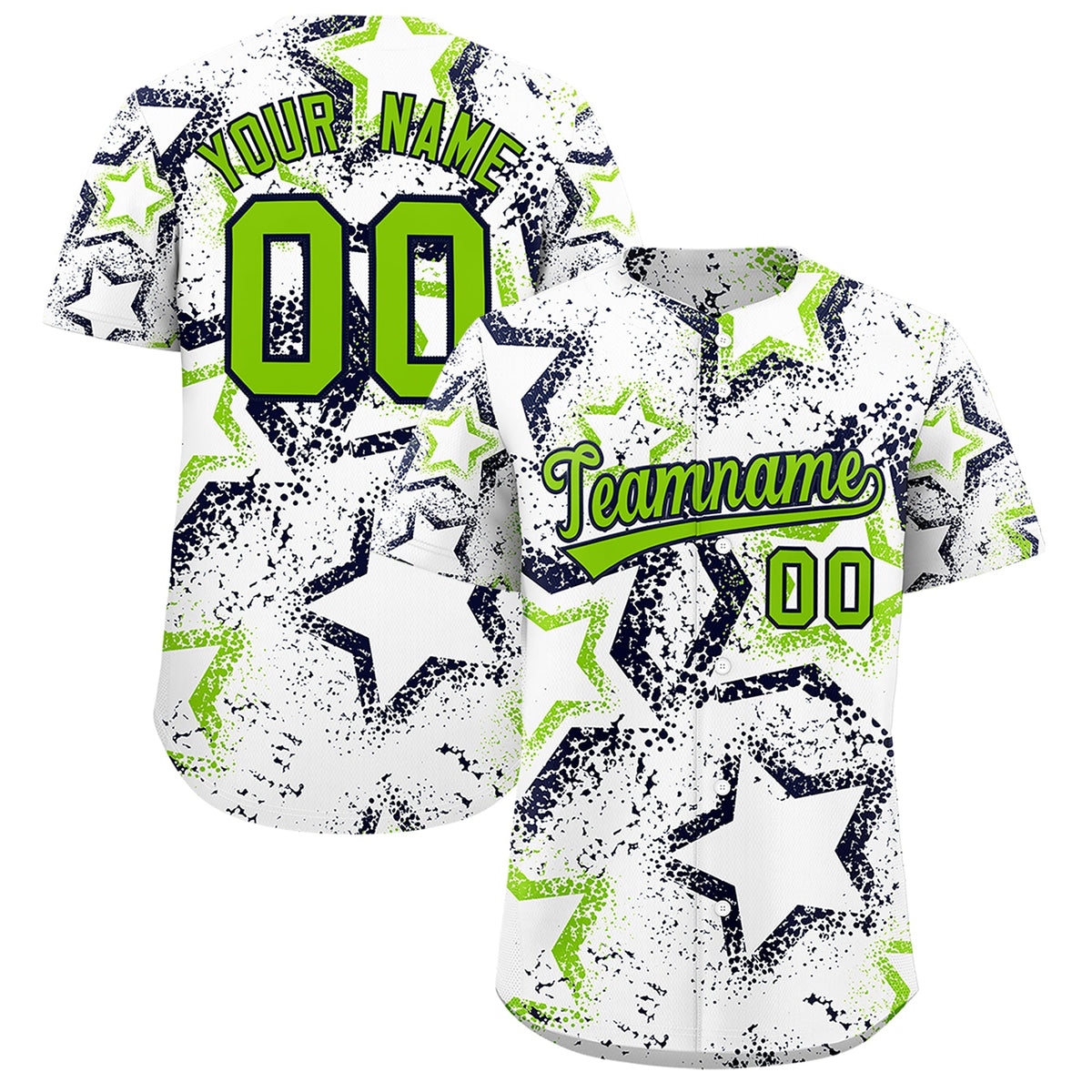 Custom White Neon Green Navy Star-Shaped Ink Texture Graffiti Pattern Baseball Jersey | Sublimation Printed &amp; Stitched,Add Name and Numbern,Perfect for Parties,Perfect for Training | KXKSHOP