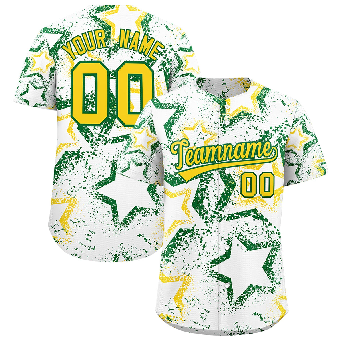 Custom White Kelly Green Gold Star-Shaped Ink Texture Graffiti Pattern Baseball Jersey | Sublimation Printed &amp; Stitched,Add Name and Numbern,Perfect for Parties,Perfect for Training | KXKSHOP