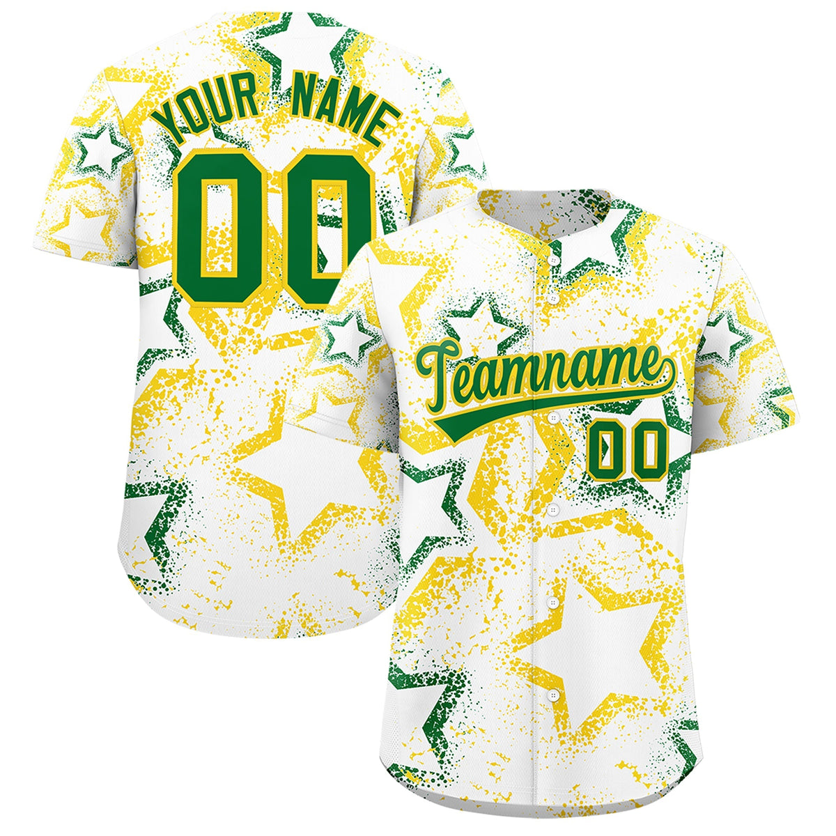 Custom White Gold Kelly Green Star-Shaped Ink Texture Graffiti Pattern Baseball Jersey | Sublimation Printed &amp; Stitched,Add Name and Numbern,Perfect for Parties,Perfect for Training | KXKSHOP