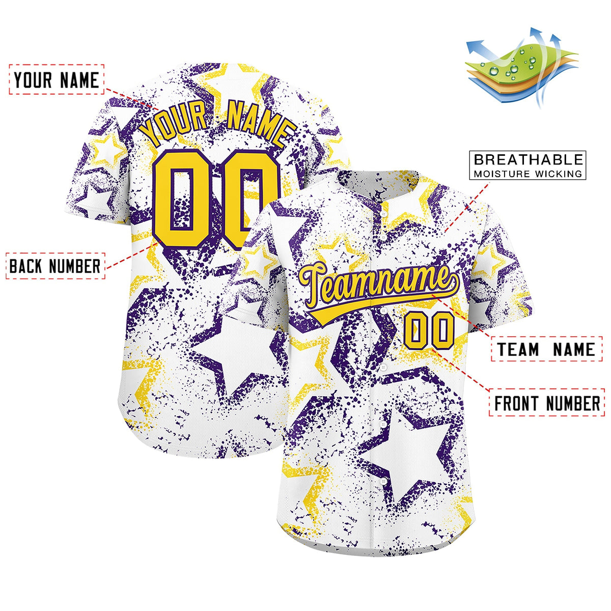Custom White Gold Purple Star-Shaped Ink Texture Graffiti Pattern Baseball Jersey | Sublimation Printed &amp; Stitched,Add Name and Numbern,Perfect for Parties,Perfect for Training | KXKSHOP