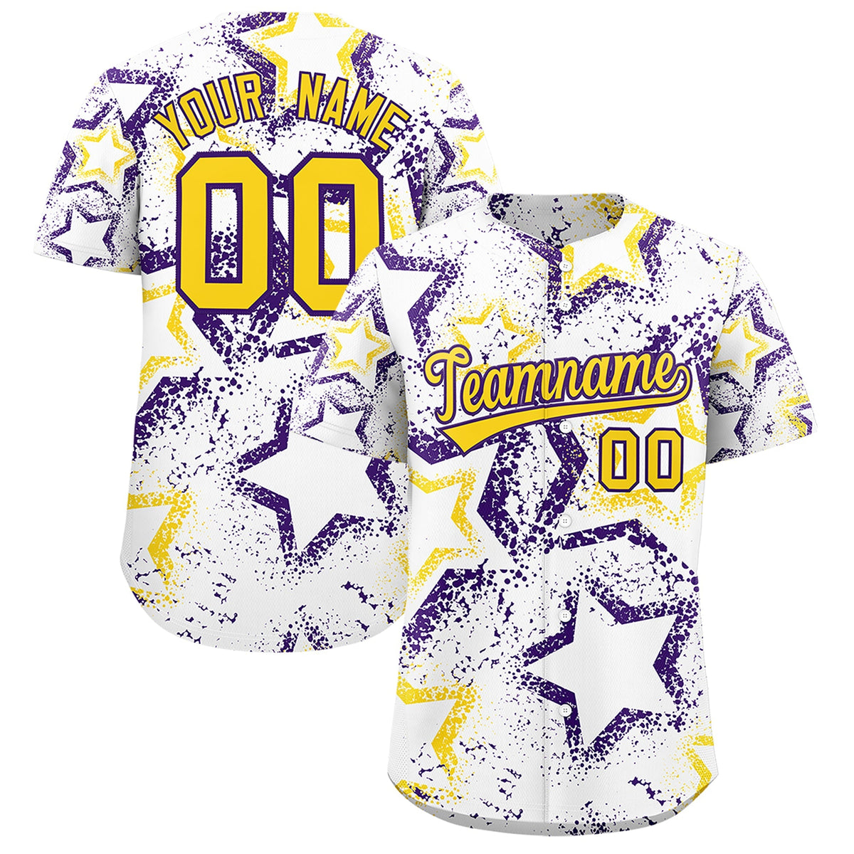 Custom White Gold Purple Star-Shaped Ink Texture Graffiti Pattern Baseball Jersey | Sublimation Printed &amp; Stitched,Add Name and Numbern,Perfect for Parties,Perfect for Training | KXKSHOP