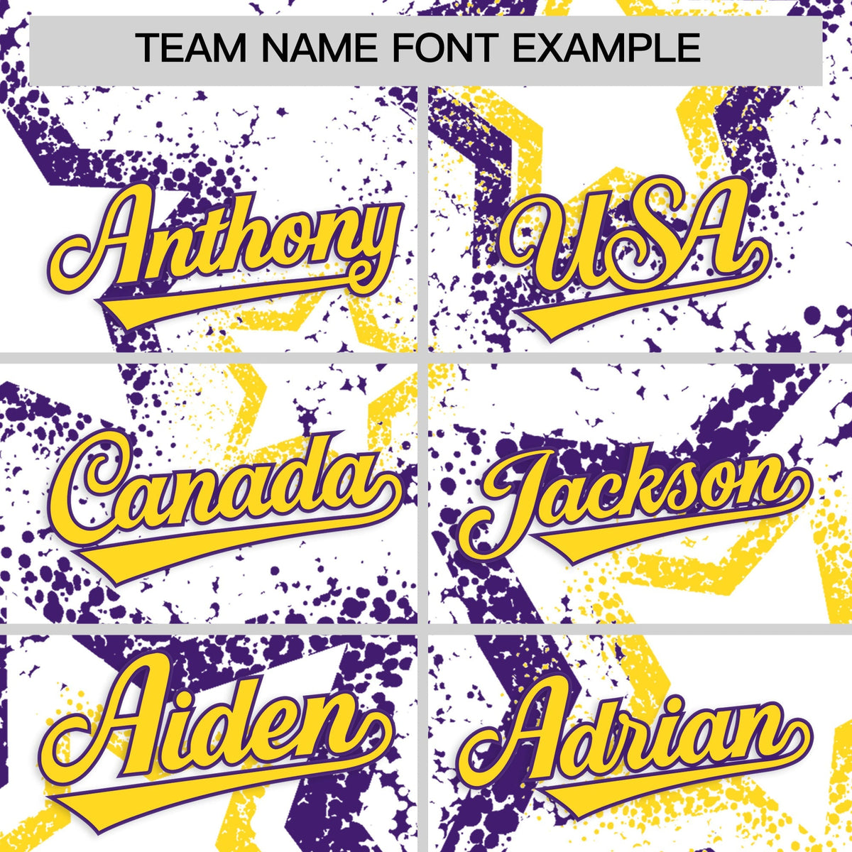 Custom White Gold Purple Star-Shaped Ink Texture Graffiti Pattern Baseball Jersey | Sublimation Printed &amp; Stitched,Add Name and Numbern,Perfect for Parties,Perfect for Training | KXKSHOP