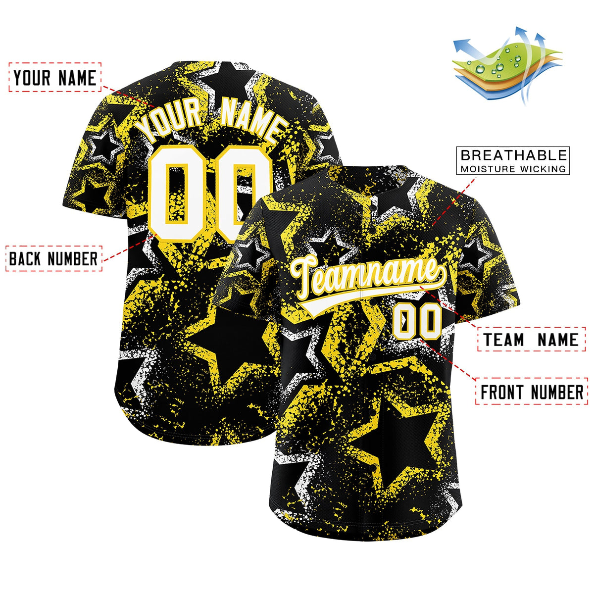 Custom Black White Gold Star-Shaped Ink Texture Graffiti Pattern Baseball Jersey | Sublimation Printed &amp; Stitched,Add Name and Numbern,Perfect for Parties,Perfect for Training | KXKSHOP
