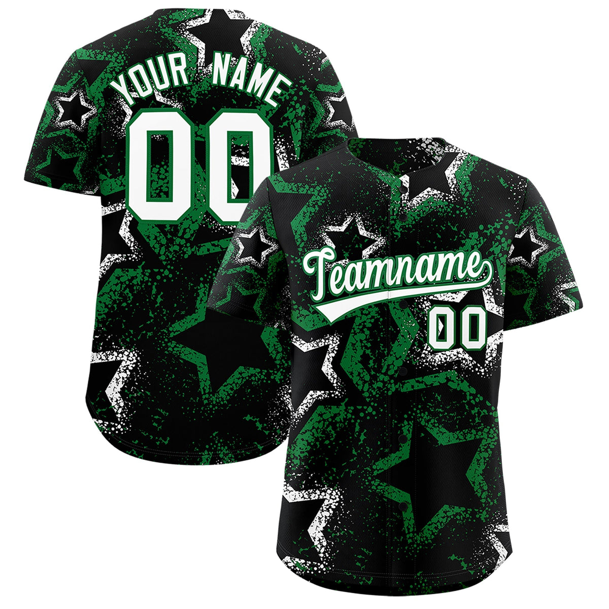 Custom Black White Kelly Green Star-Shaped Ink Texture Graffiti Pattern Baseball Jersey | Sublimation Printed &amp; Stitched,Add Name and Numbern,Perfect for Parties,Perfect for Training | KXKSHOP