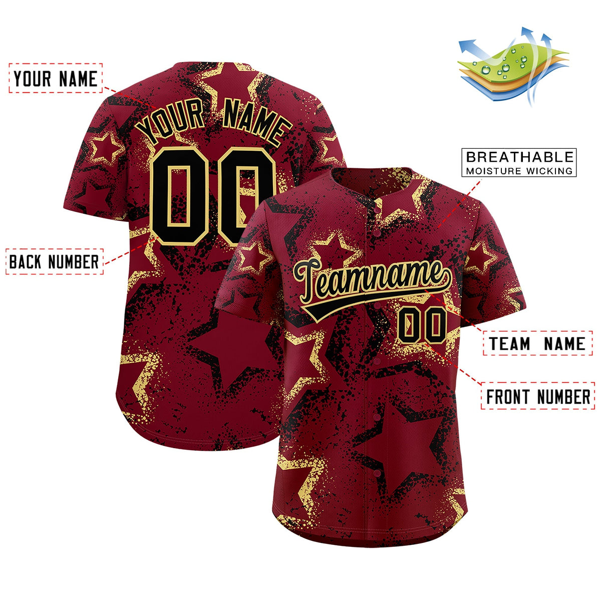 Custom Crimson Khaki Black Star-Shaped Ink Texture Graffiti Pattern Baseball Jersey | Sublimation Printed &amp; Stitched,Add Name and Numbern,Perfect for Parties,Perfect for Training | KXKSHOP