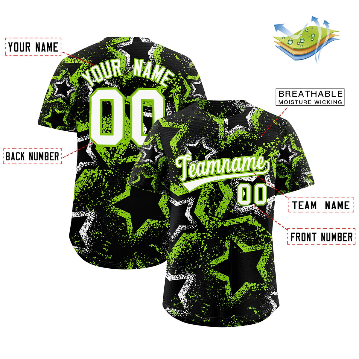 Custom Black White Neon Green Star-Shaped Ink Texture Graffiti Pattern Baseball Jersey | Sublimation Printed &amp; Stitched,Add Name and Numbern,Perfect for Parties,Perfect for Training | KXKSHOP