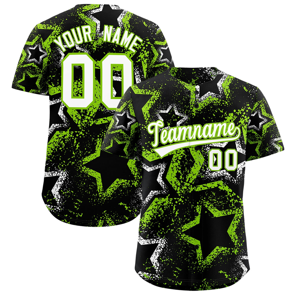 Custom Black White Neon Green Star-Shaped Ink Texture Graffiti Pattern Baseball Jersey | Sublimation Printed &amp; Stitched,Add Name and Numbern,Perfect for Parties,Perfect for Training | KXKSHOP