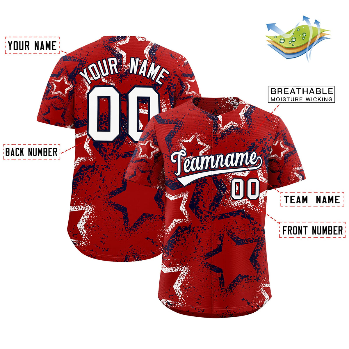 Custom Red White Navy Star-Shaped Ink Texture Graffiti Pattern Baseball Jersey | Sublimation Printed &amp; Stitched,Add Name and Numbern,Perfect for Parties,Perfect for Training | KXKSHOP