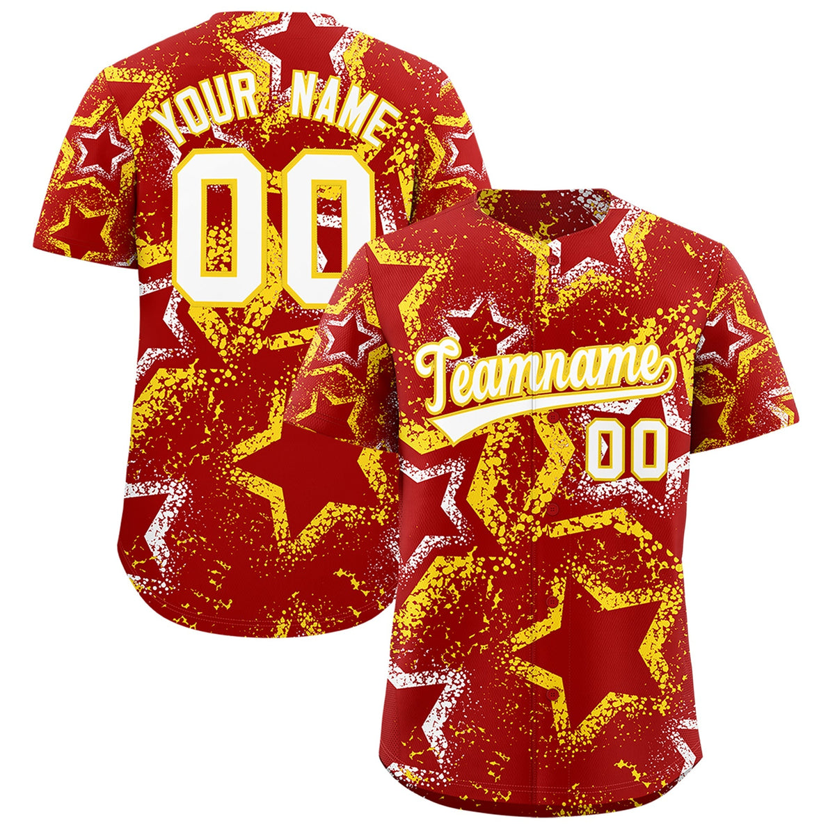 Custom Red White Gold Star-Shaped Ink Texture Graffiti Pattern Baseball Jersey | Sublimation Printed &amp; Stitched,Add Name and Numbern,Perfect for Parties,Perfect for Training | KXKSHOP
