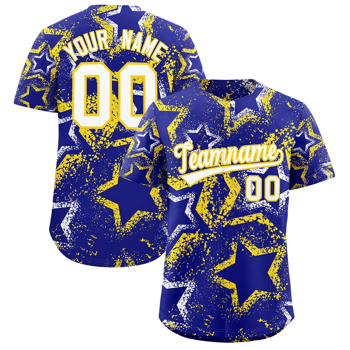 Custom Royal Blue White Gold Star-Shaped Ink Texture Graffiti Pattern Baseball Jersey | Sublimation Printed &amp; Stitched,Add Name and Numbern,Perfect for Parties,Perfect for Training | KXKSHOP