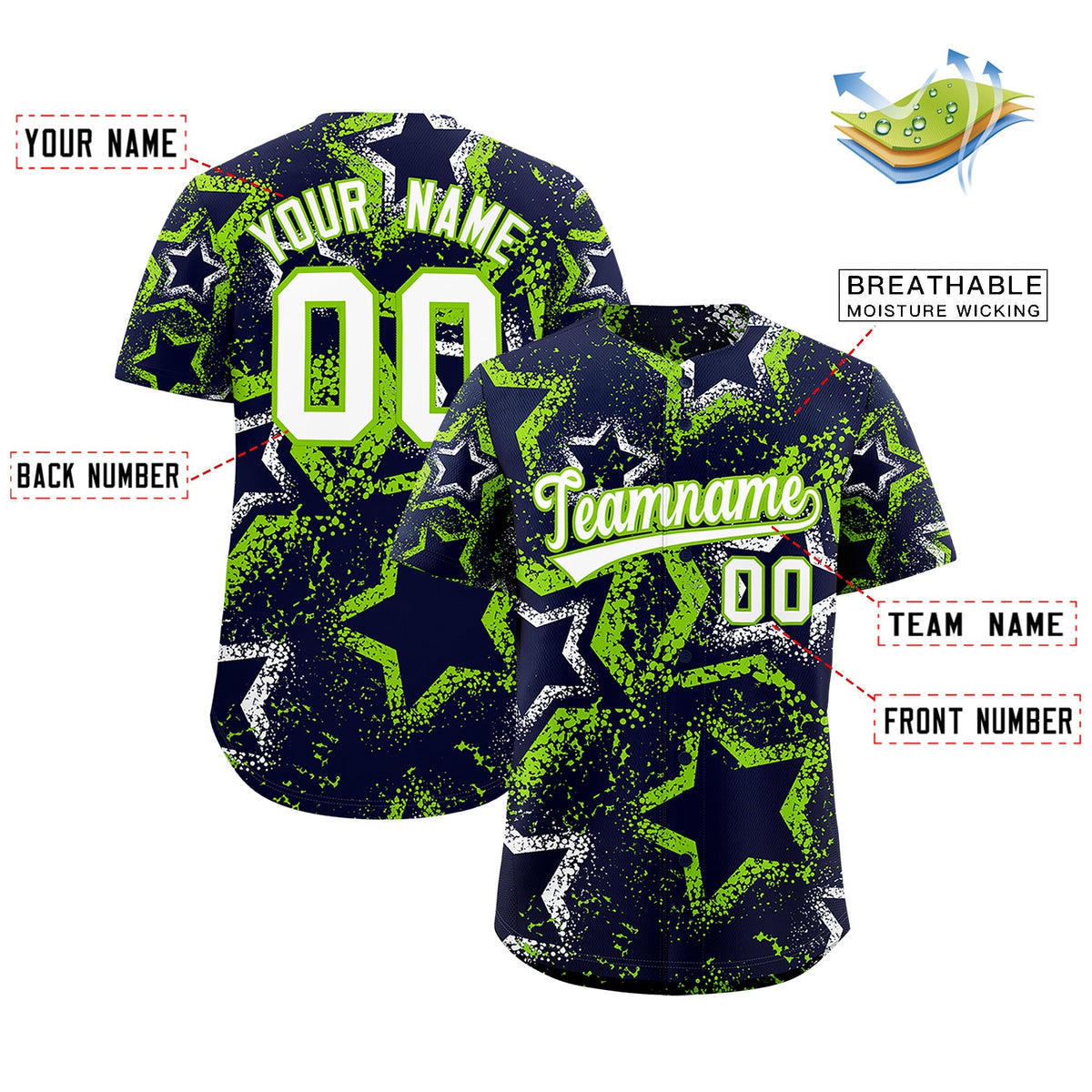 Custom Navy White Neon Green Star-Shaped Ink Texture Graffiti Pattern Baseball Jersey | Sublimation Printed &amp; Stitched,Add Name and Numbern,Perfect for Parties,Perfect for Training | KXKSHOP