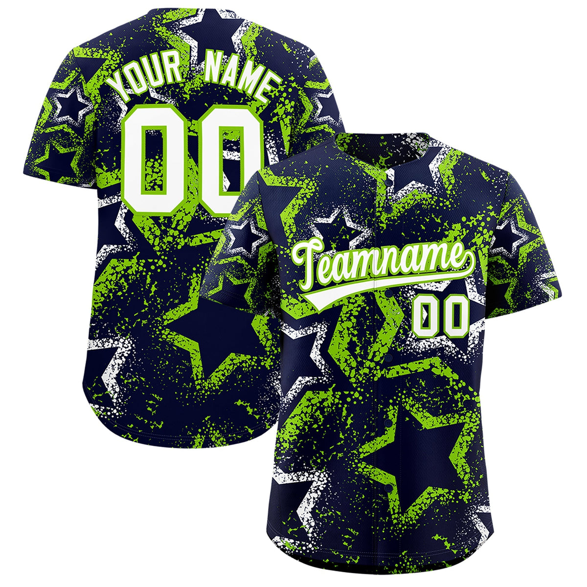 Custom Navy White Neon Green Star-Shaped Ink Texture Graffiti Pattern Baseball Jersey | Sublimation Printed &amp; Stitched,Add Name and Numbern,Perfect for Parties,Perfect for Training | KXKSHOP