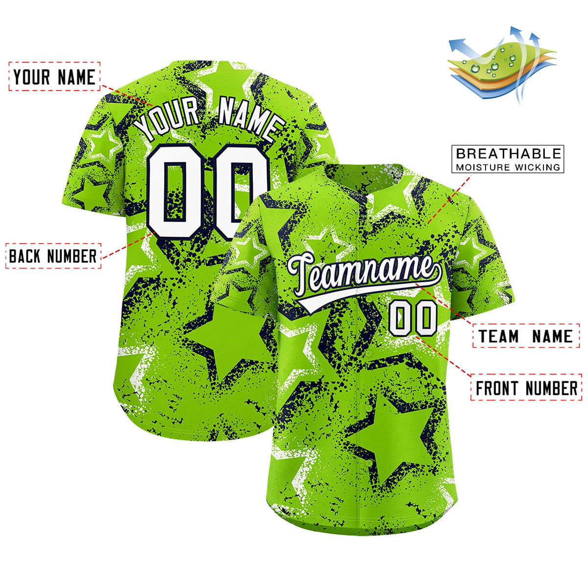 Custom Neon Green White Navy Star-Shaped Ink Texture Graffiti Pattern Baseball Jersey | Sublimation Printed &amp; Stitched,Add Name and Numbern,Perfect for Parties,Perfect for Training | KXKSHOP