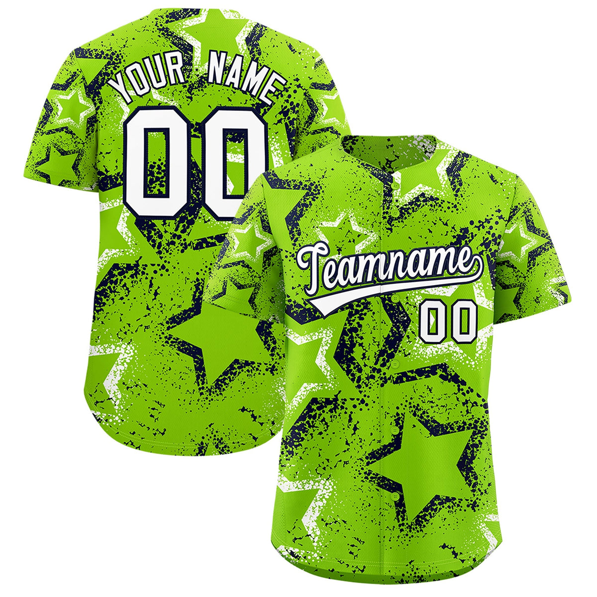 Custom Neon Green White Navy Star-Shaped Ink Texture Graffiti Pattern Baseball Jersey | Sublimation Printed &amp; Stitched,Add Name and Numbern,Perfect for Parties,Perfect for Training | KXKSHOP