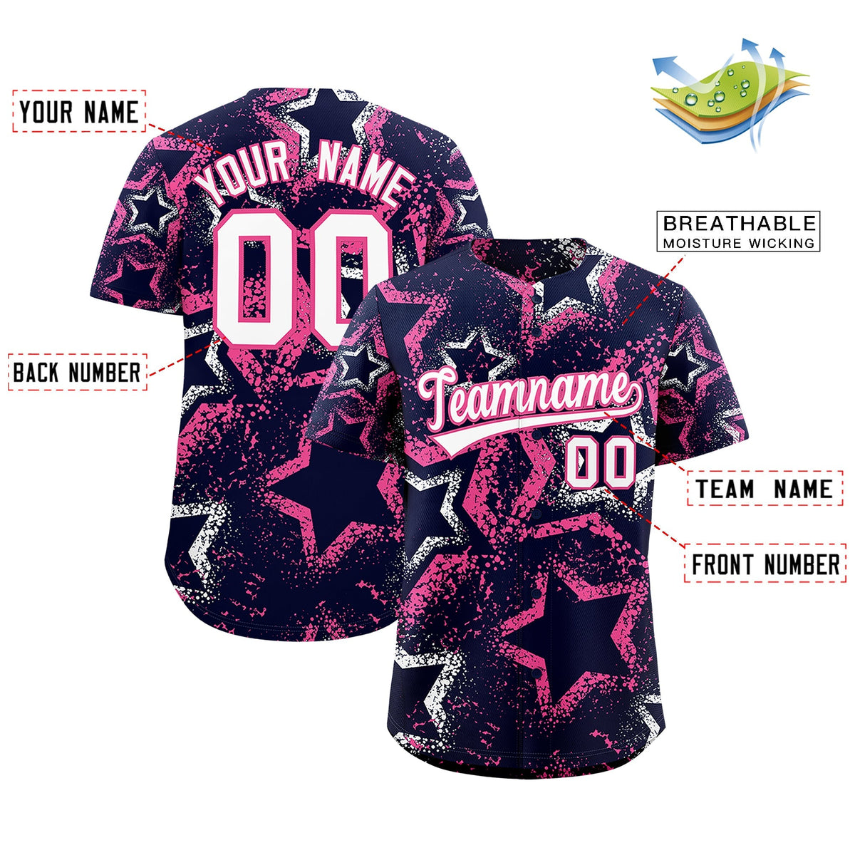 Custom Navy White Pink Star-Shaped Ink Texture Graffiti Pattern Baseball Jersey | Sublimation Printed &amp; Stitched,Add Name and Numbern,Perfect for Parties,Perfect for Training | KXKSHOP