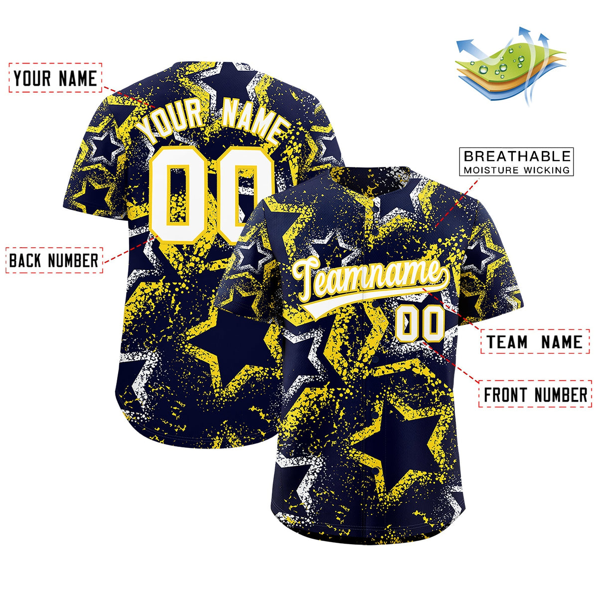 Custom Navy White Gold Star-Shaped Ink Texture Graffiti Pattern Baseball Jersey | Sublimation Printed &amp; Stitched,Add Name and Numbern,Perfect for Parties,Perfect for Training | KXKSHOP