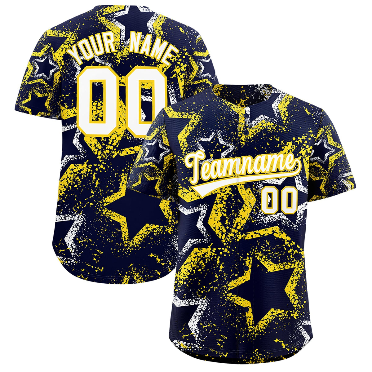 Custom Navy White Gold Star-Shaped Ink Texture Graffiti Pattern Baseball Jersey | Sublimation Printed &amp; Stitched,Add Name and Numbern,Perfect for Parties,Perfect for Training | KXKSHOP