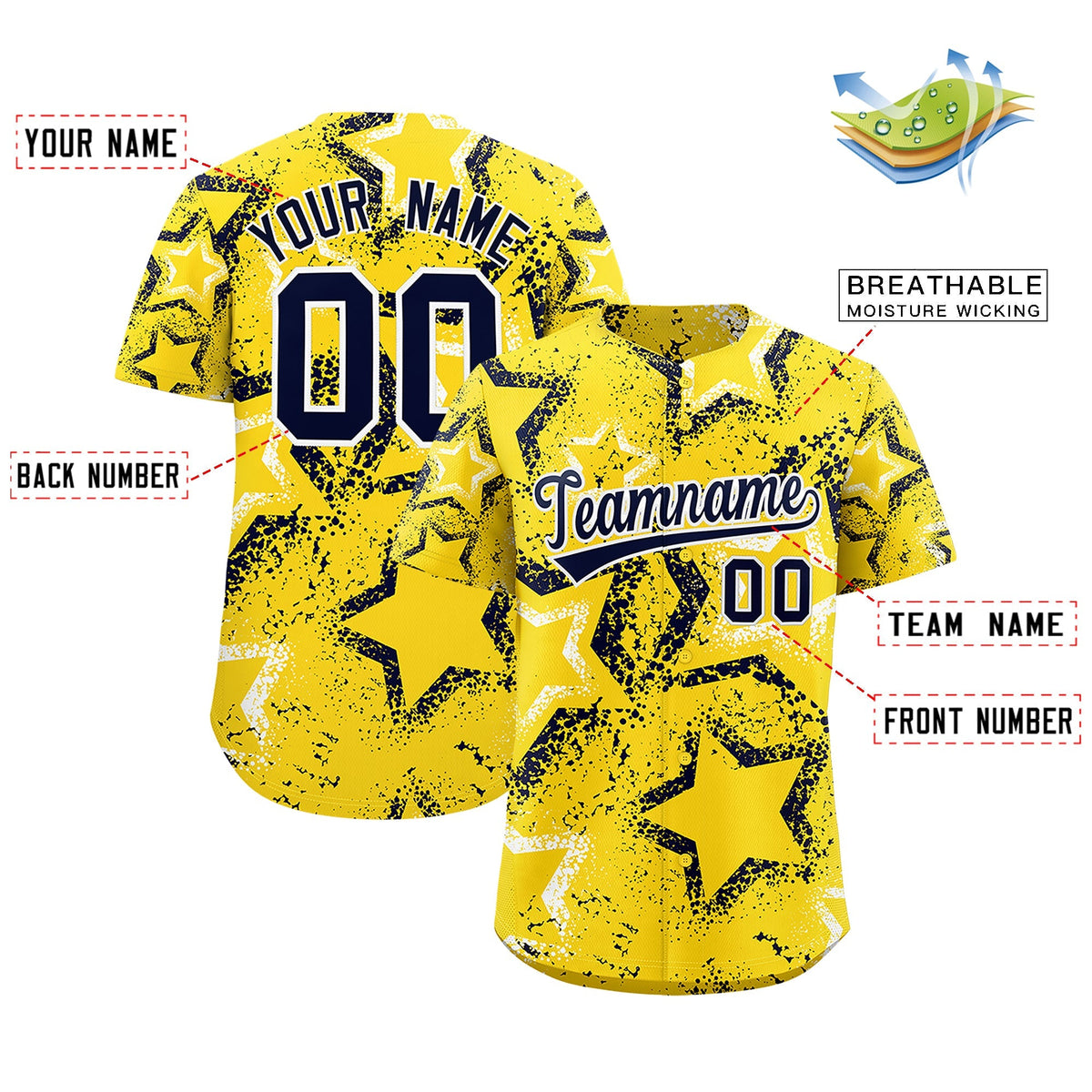 Custom Gold White Navy Star-Shaped Ink Texture Graffiti Pattern Baseball Jersey | Sublimation Printed &amp; Stitched,Add Name and Numbern,Perfect for Parties,Perfect for Training | KXKSHOP