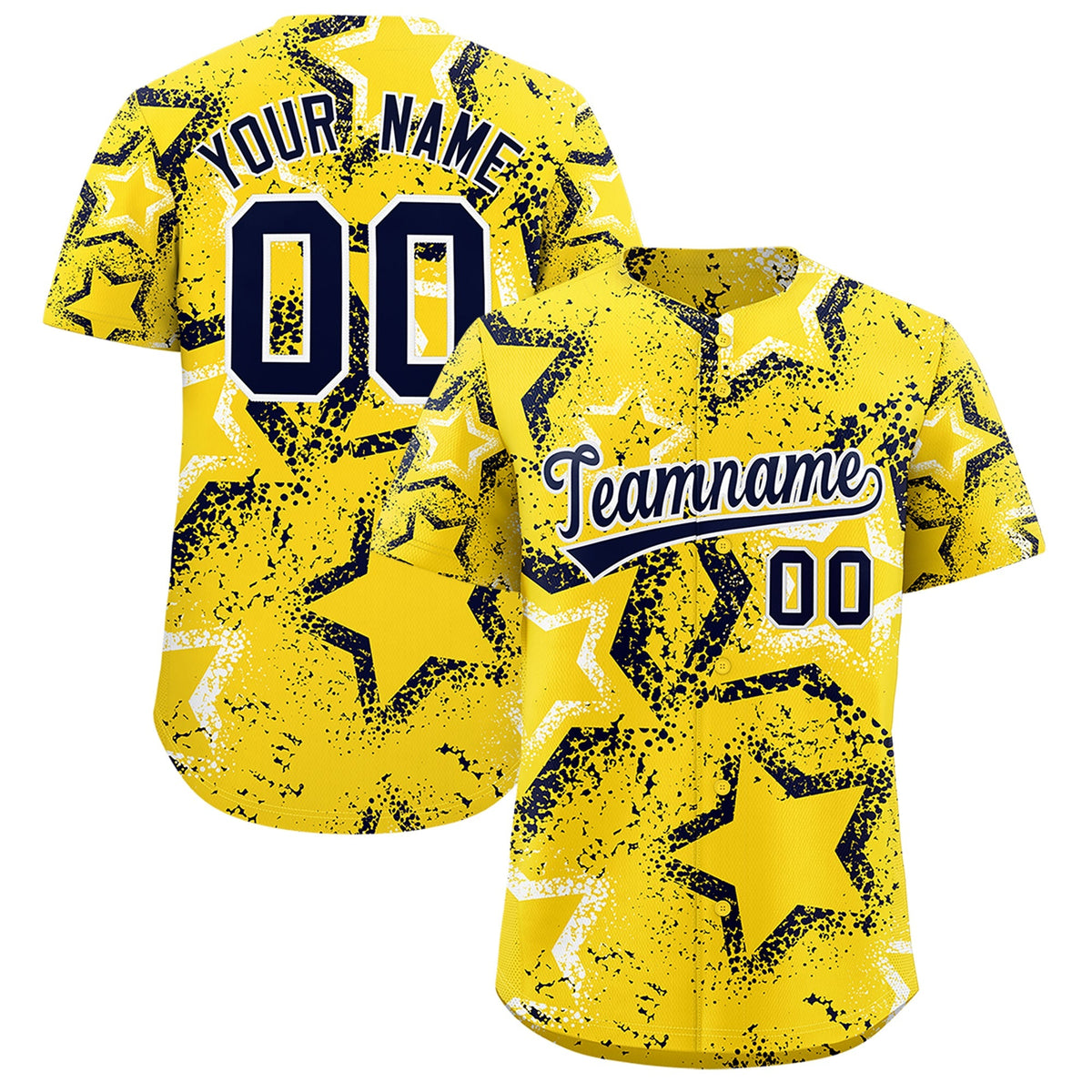 Custom Gold White Navy Star-Shaped Ink Texture Graffiti Pattern Baseball Jersey | Sublimation Printed &amp; Stitched,Add Name and Numbern,Perfect for Parties,Perfect for Training | KXKSHOP