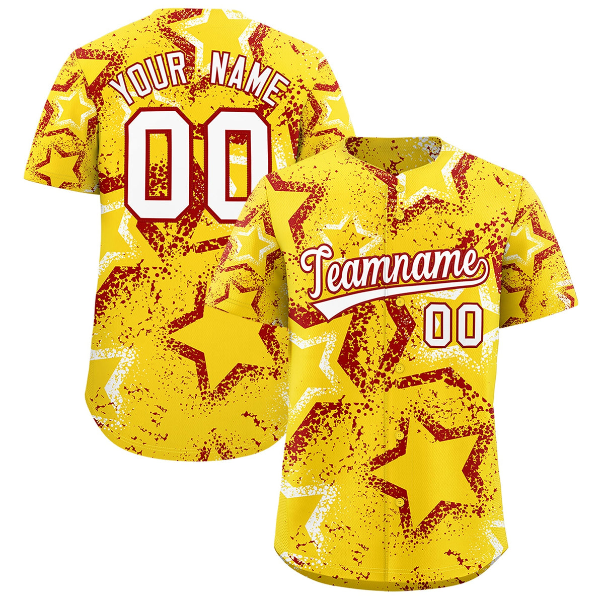 Custom Gold White Red Star-Shaped Ink Texture Graffiti Pattern Baseball Jersey | Sublimation Printed &amp; Stitched,Add Name and Numbern,Perfect for Parties,Perfect for Training | KXKSHOP
