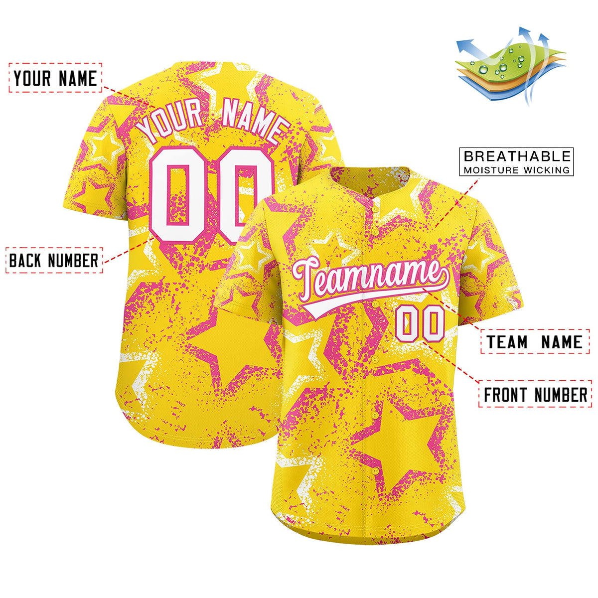 Custom Gold White Pink Star-Shaped Ink Texture Graffiti Pattern Baseball Jersey | Sublimation Printed &amp; Stitched,Add Name and Numbern,Perfect for Parties,Perfect for Training | KXKSHOP