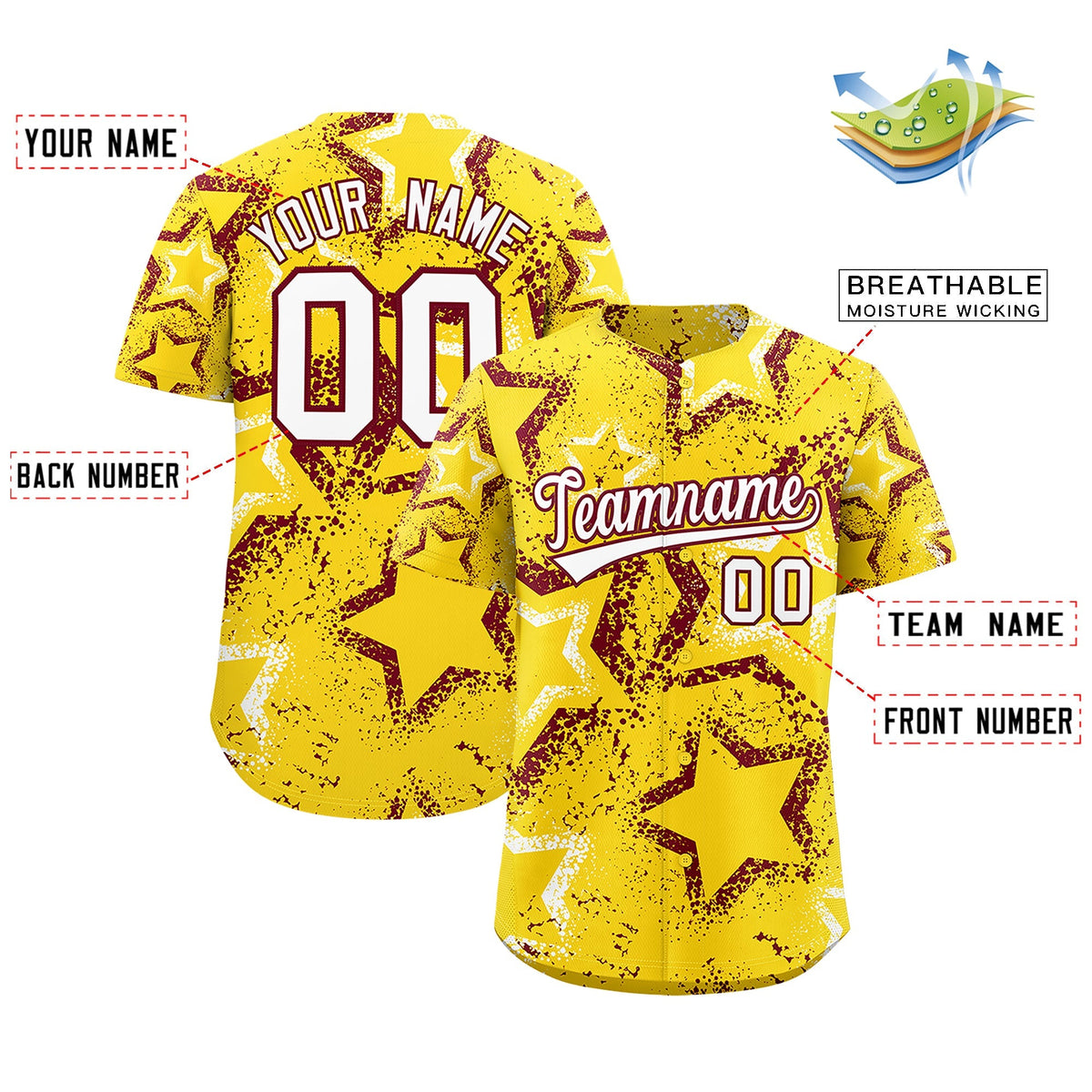 Custom Gold White Crimson Star-Shaped Ink Texture Graffiti Pattern Baseball Jersey | Sublimation Printed &amp; Stitched,Add Name and Numbern,Perfect for Parties,Perfect for Training | KXKSHOP