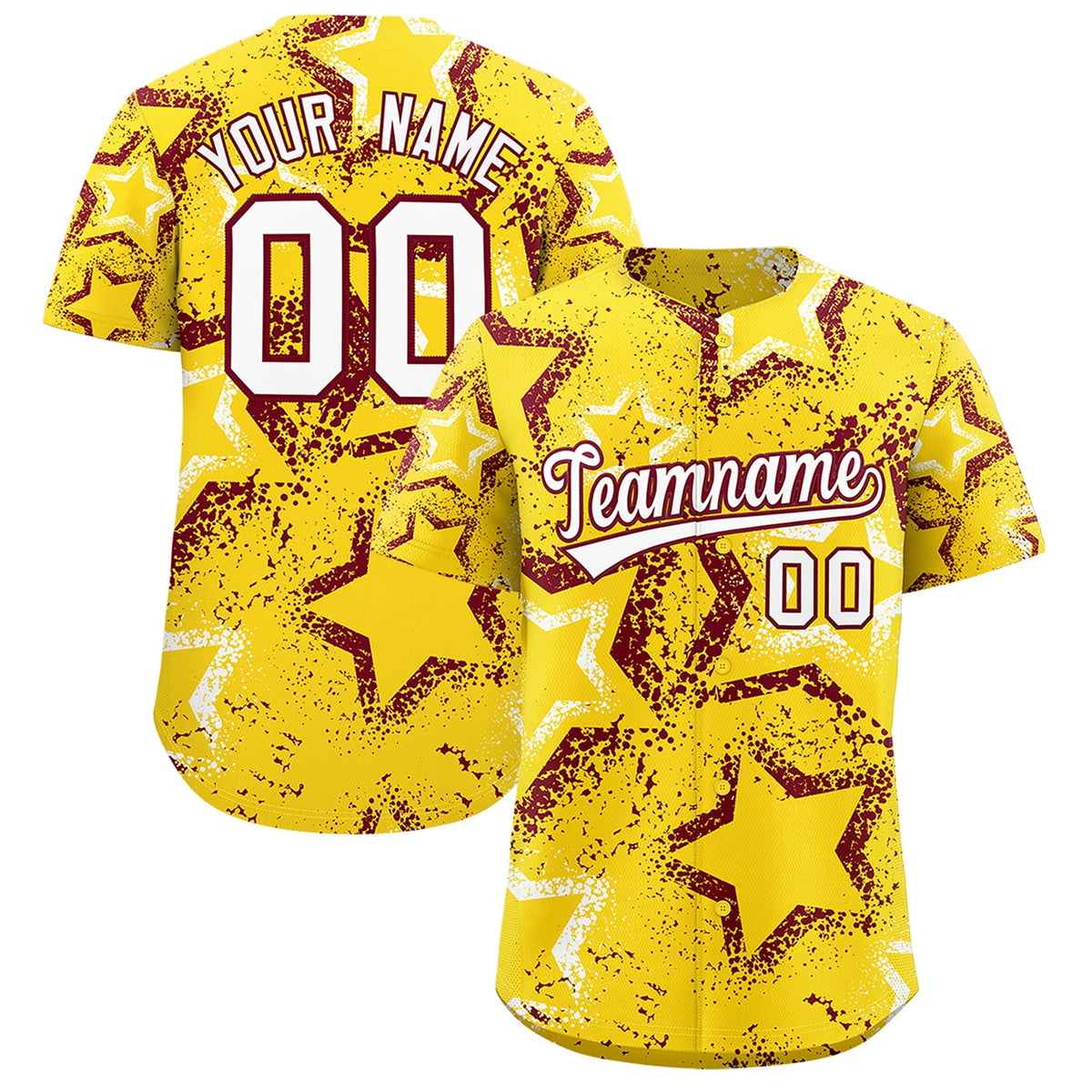 Custom Gold White Crimson Star-Shaped Ink Texture Graffiti Pattern Baseball Jersey | Sublimation Printed &amp; Stitched,Add Name and Numbern,Perfect for Parties,Perfect for Training | KXKSHOP