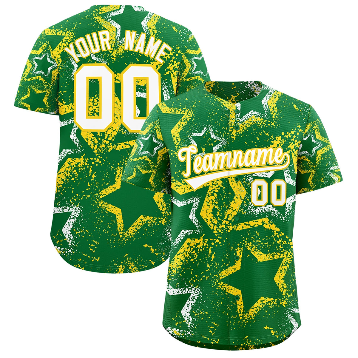Custom Kelly Green White Gold Star-Shaped Ink Texture Graffiti Pattern Baseball Jersey | Sublimation Printed &amp; Stitched,Add Name and Numbern,Perfect for Parties,Perfect for Training | KXKSHOP