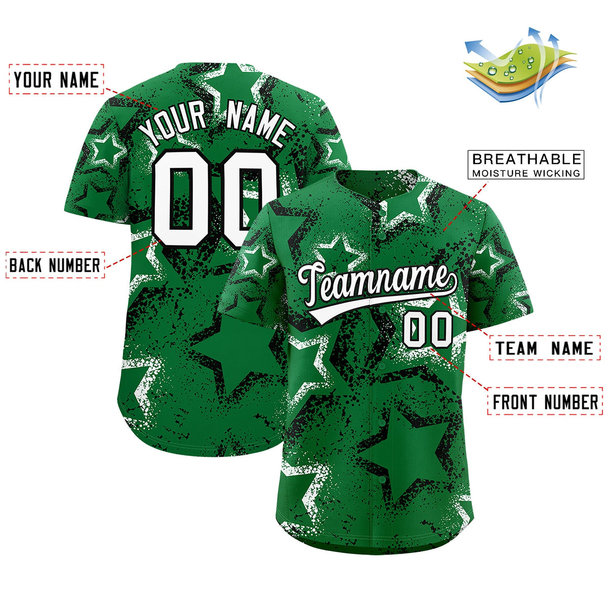Custom Kelly Green White Star-Shaped Ink Texture Graffiti Pattern Baseball Jersey | Sublimation Printed &amp; Stitched,Add Name and Numbern,Perfect for Parties,Perfect for Training | KXKSHOP