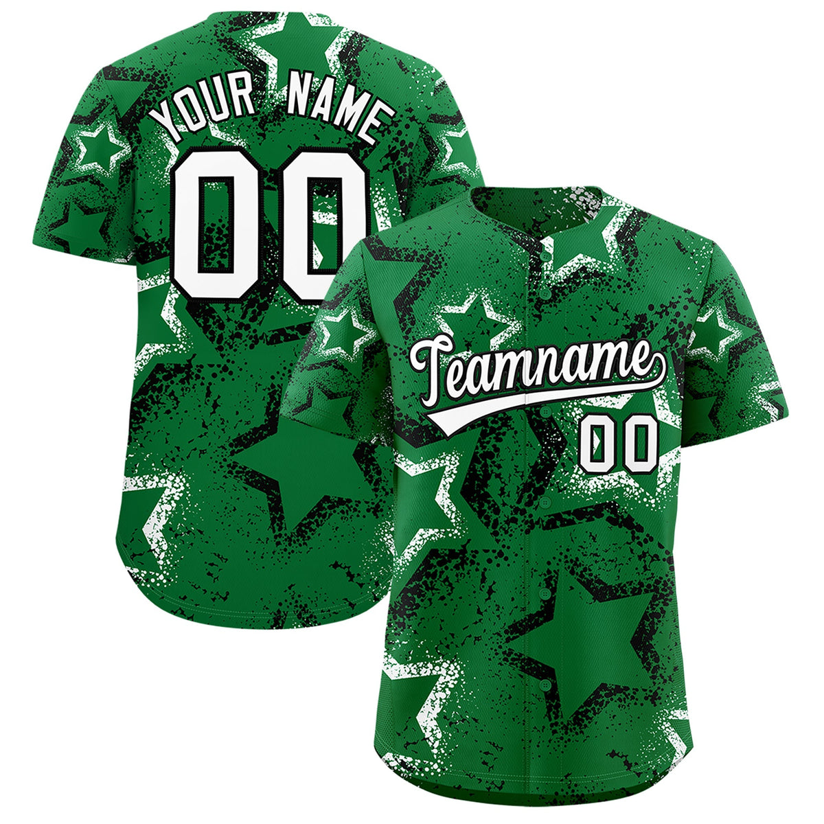Custom Kelly Green White Star-Shaped Ink Texture Graffiti Pattern Baseball Jersey | Sublimation Printed &amp; Stitched,Add Name and Numbern,Perfect for Parties,Perfect for Training | KXKSHOP