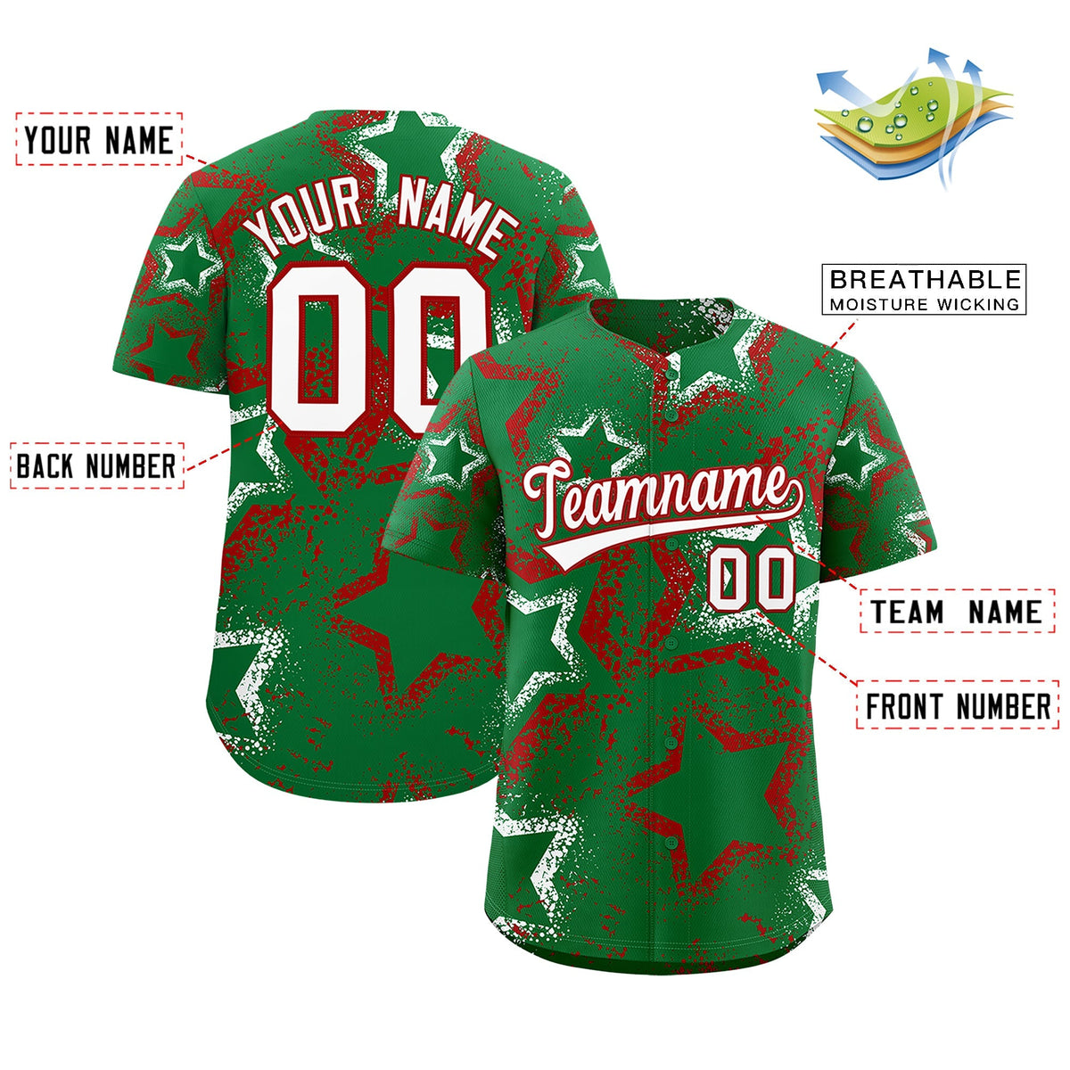 Custom Kelly Green White Red Star-Shaped Ink Texture Graffiti Pattern Baseball Jersey | Sublimation Printed &amp; Stitched,Add Name and Numbern,Perfect for Parties,Perfect for Training | KXKSHOP