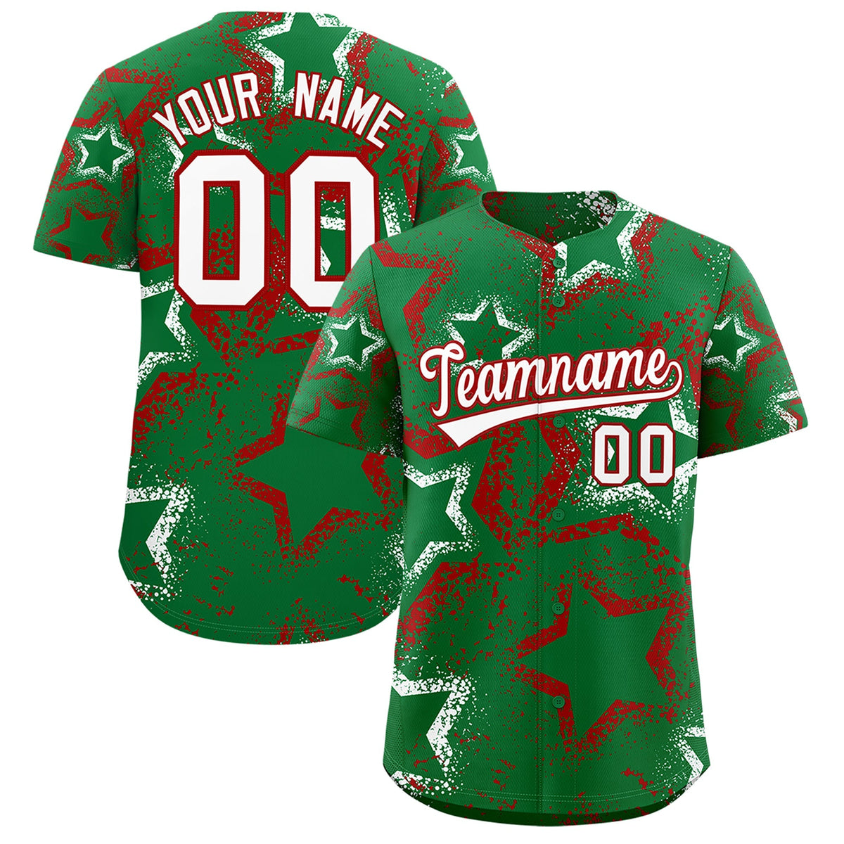 Custom Kelly Green White Red Star-Shaped Ink Texture Graffiti Pattern Baseball Jersey | Sublimation Printed &amp; Stitched,Add Name and Numbern,Perfect for Parties,Perfect for Training | KXKSHOP
