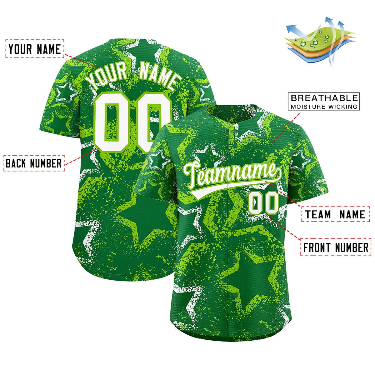 Custom Kelly Green White Neon Green Star-Shaped Ink Texture Graffiti Pattern Baseball Jersey | Sublimation Printed &amp; Stitched,Add Name and Numbern,Perfect for Parties,Perfect for Training | KXKSHOP