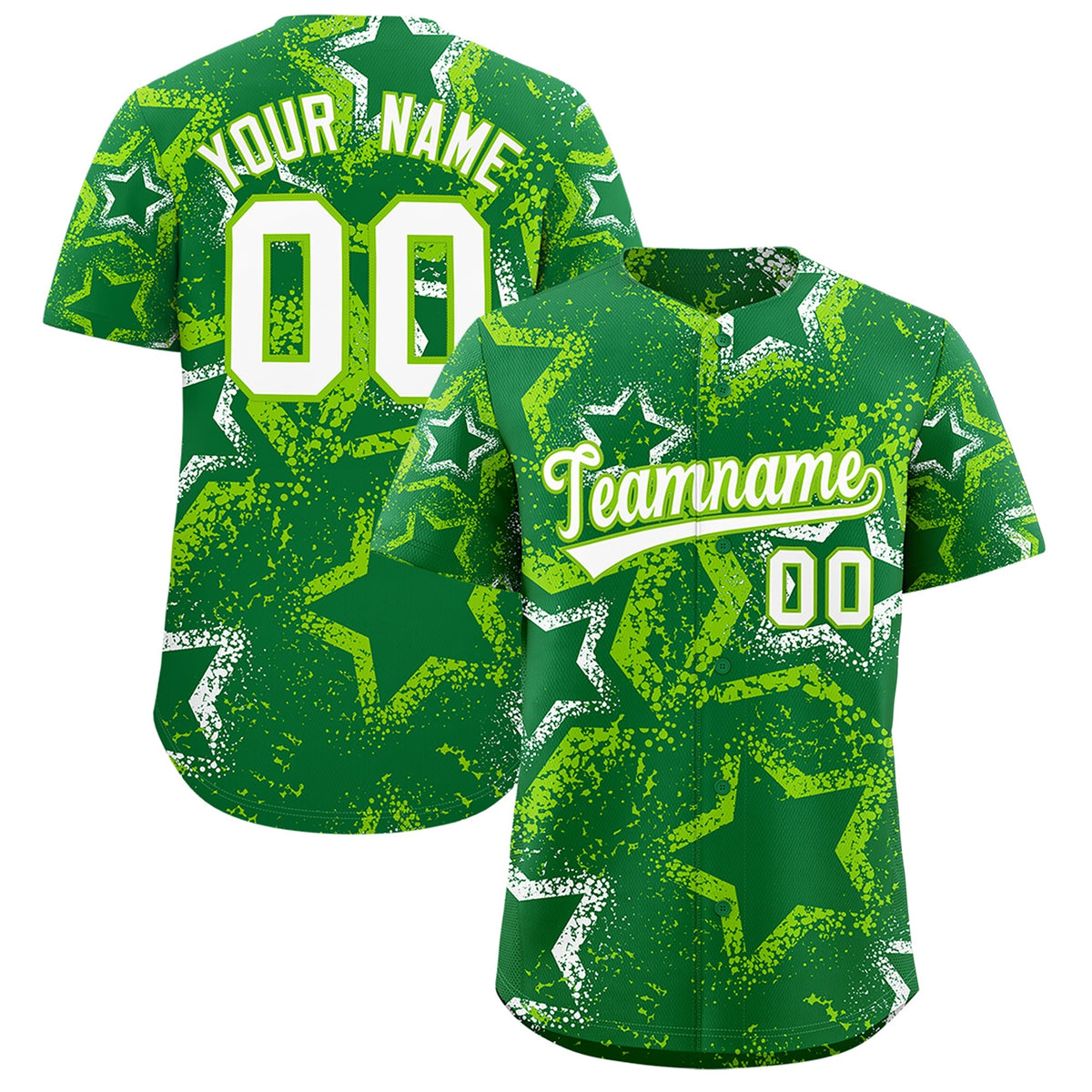 Custom Kelly Green White Neon Green Star-Shaped Ink Texture Graffiti Pattern Baseball Jersey | Sublimation Printed &amp; Stitched,Add Name and Numbern,Perfect for Parties,Perfect for Training | KXKSHOP