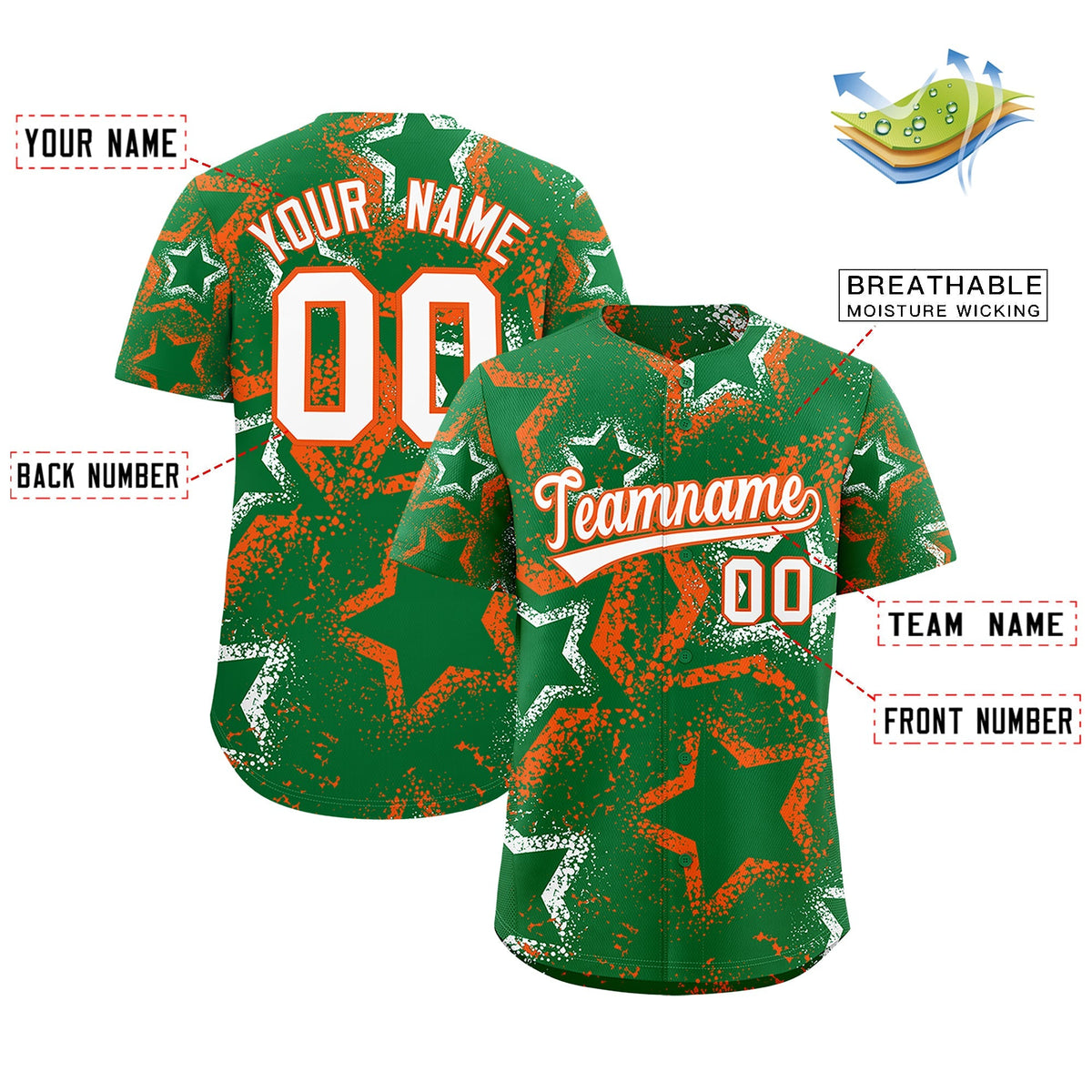 Custom Kelly Green White Orange Star-Shaped Ink Texture Graffiti Pattern Baseball Jersey | Sublimation Printed &amp; Stitched,Add Name and Numbern,Perfect for Parties,Perfect for Training | KXKSHOP
