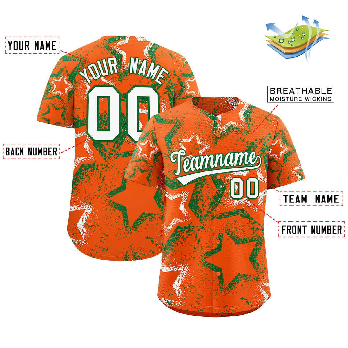 Custom Orange White Kelly Green Star-Shaped Ink Texture Graffiti Pattern Baseball Jersey | Sublimation Printed &amp; Stitched,Add Name and Numbern,Perfect for Parties,Perfect for Training | KXKSHOP