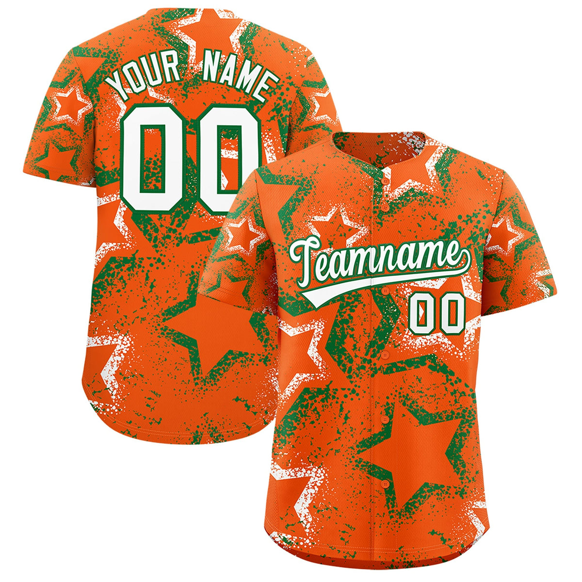 Custom Orange Kelly Green White Star-Shaped Ink Texture Graffiti Pattern Baseball Jersey | Sublimation Printed &amp; Stitched,Add Name and Numbern,Perfect for Parties,Perfect for Training | KXKSHOP