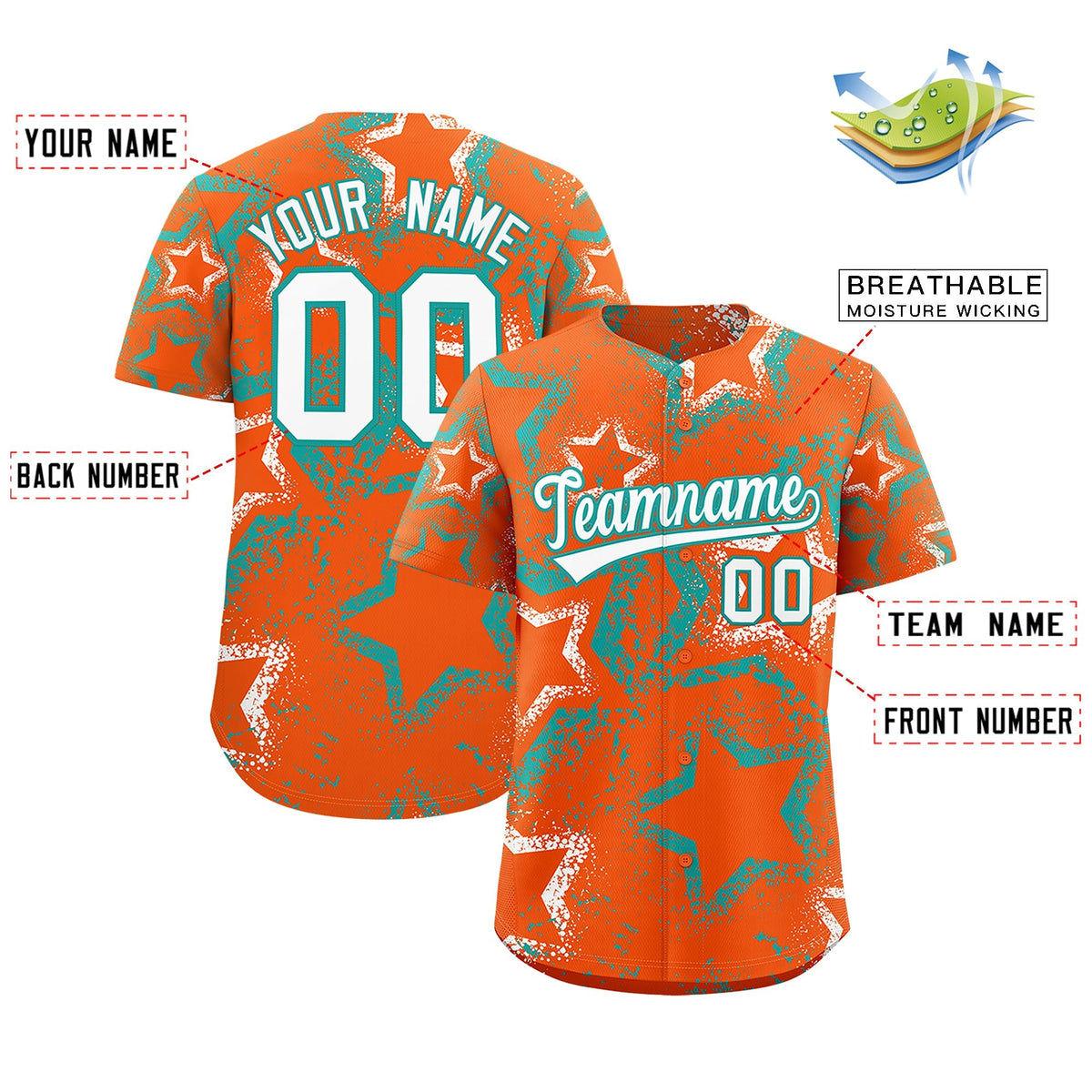 Custom Orange White Aqua Star-Shaped Ink Texture Graffiti Pattern Baseball Jersey | Sublimation Printed &amp; Stitched,Add Name and Numbern,Perfect for Parties,Perfect for Training | KXKSHOP