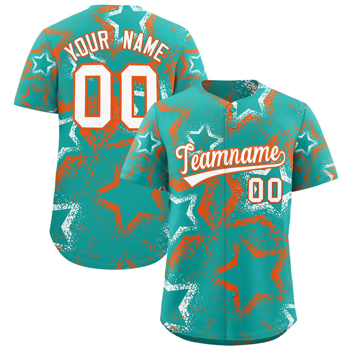 Custom Aqua White Orange Star-Shaped Ink Texture Graffiti Pattern Baseball Jersey | Sublimation Printed &amp; Stitched,Add Name and Numbern,Perfect for Parties,Perfect for Training | KXKSHOP