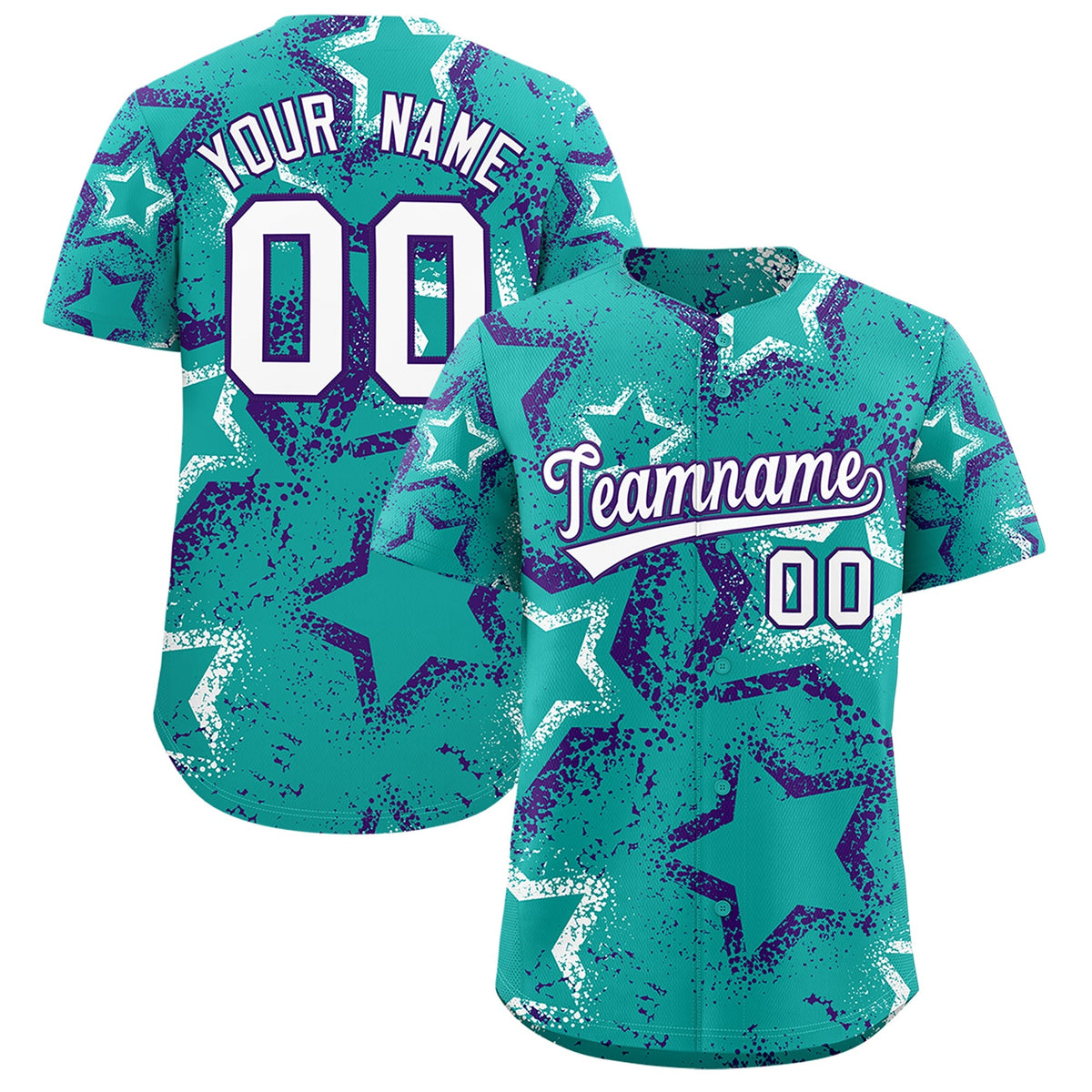 Custom Aqua White Purple Star-Shaped Ink Texture Graffiti Pattern Baseball Jersey | Sublimation Printed &amp; Stitched,Add Name and Numbern,Perfect for Parties,Perfect for Training | KXKSHOP