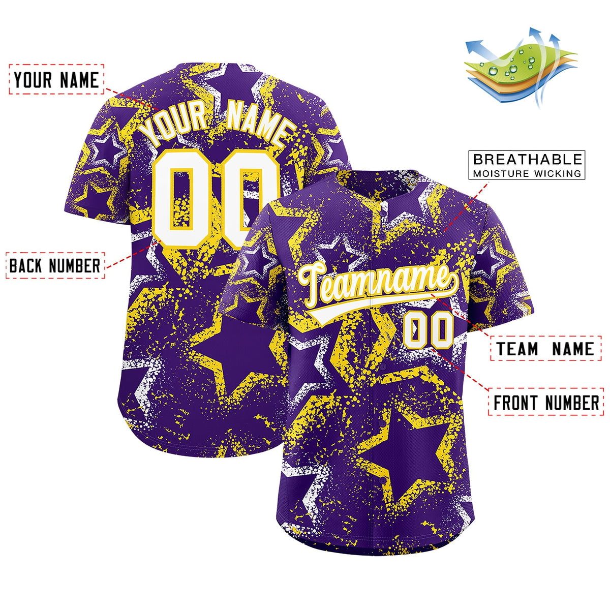 Custom Purple White Gold Star-Shaped Ink Texture Graffiti Pattern Baseball Jersey | Sublimation Printed &amp; Stitched,Add Name and Numbern,Perfect for Parties,Perfect for Training | KXKSHOP