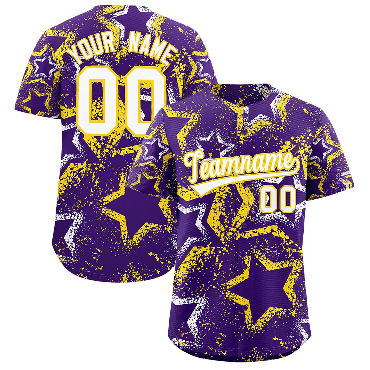 Custom Purple White Gold Star-Shaped Ink Texture Graffiti Pattern Baseball Jersey | Sublimation Printed &amp; Stitched,Add Name and Numbern,Perfect for Parties,Perfect for Training | KXKSHOP