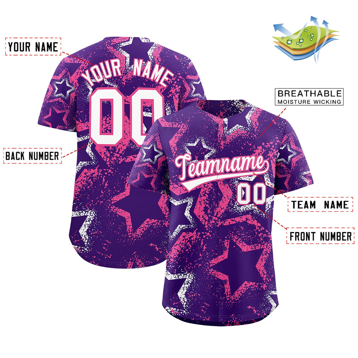 Custom Purple White Pink Star-Shaped Ink Texture Graffiti Pattern Baseball Jersey | Sublimation Printed &amp; Stitched,Add Name and Numbern,Perfect for Parties,Perfect for Training | KXKSHOP