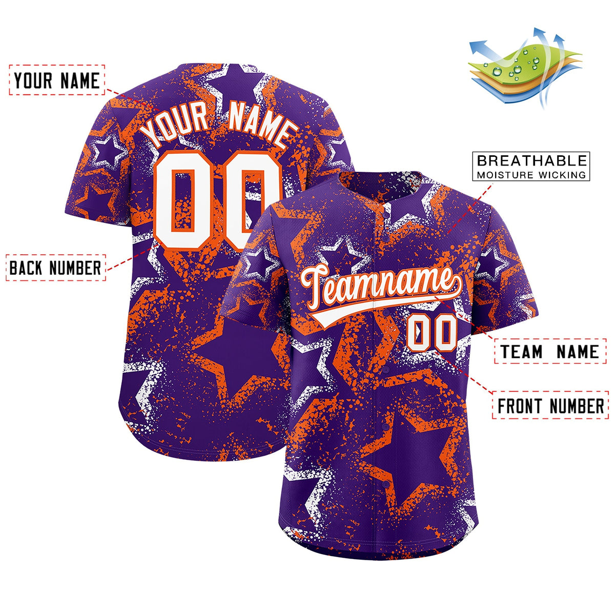 Custom Purple White Orange Star-Shaped Ink Texture Graffiti Pattern Baseball Jersey | Sublimation Printed &amp; Stitched,Add Name and Numbern,Perfect for Parties,Perfect for Training | KXKSHOP