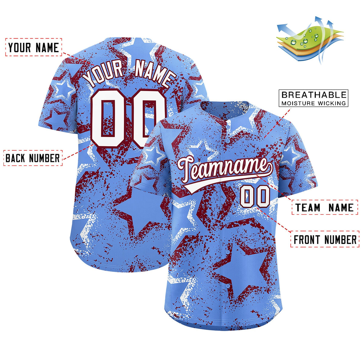 Custom Light Blue White Crimson Star-Shaped Ink Texture Graffiti Pattern Baseball Jersey | Sublimation Printed &amp; Stitched,Add Name and Numbern,Perfect for Parties,Perfect for Training | KXKSHOP
