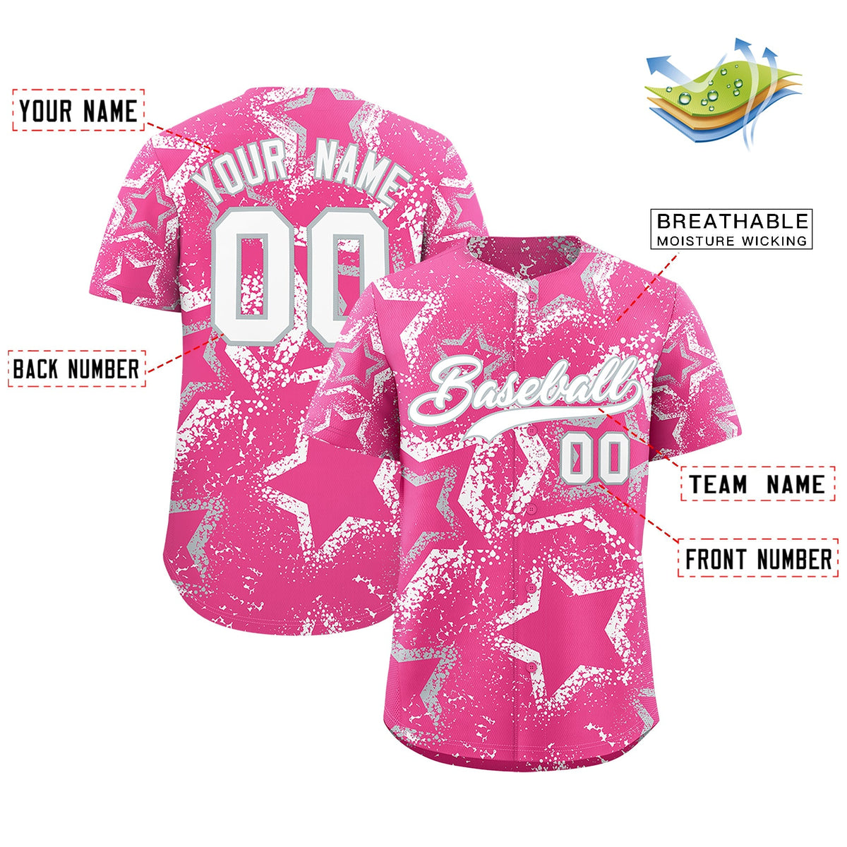Custom Pink Silver White Star-Shaped Ink Texture Graffiti Pattern Baseball Jersey | Sublimation Printed &amp; Stitched,Add Name and Numbern,Perfect for Parties,Perfect for Training | KXKSHOP